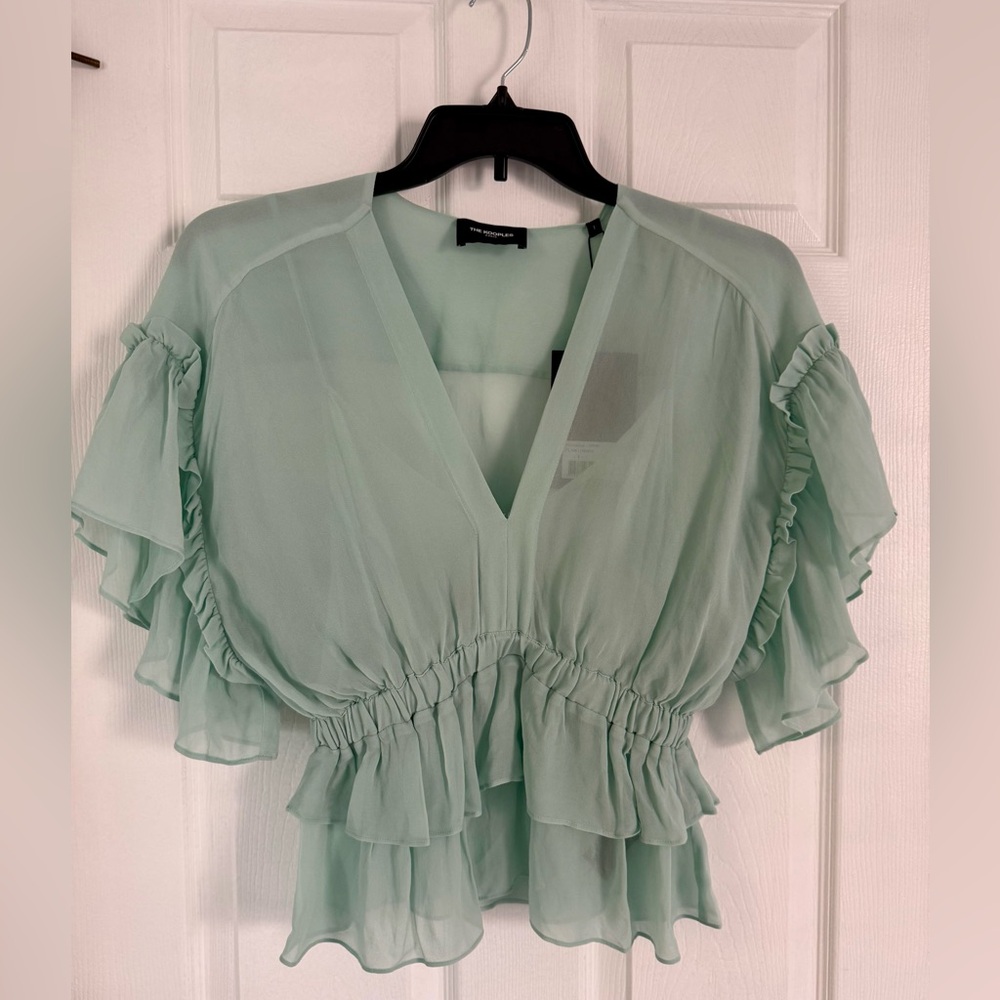 Kooples Paris Sheer Ruffle V-Neck Blouse with built in camisole- Teal Green